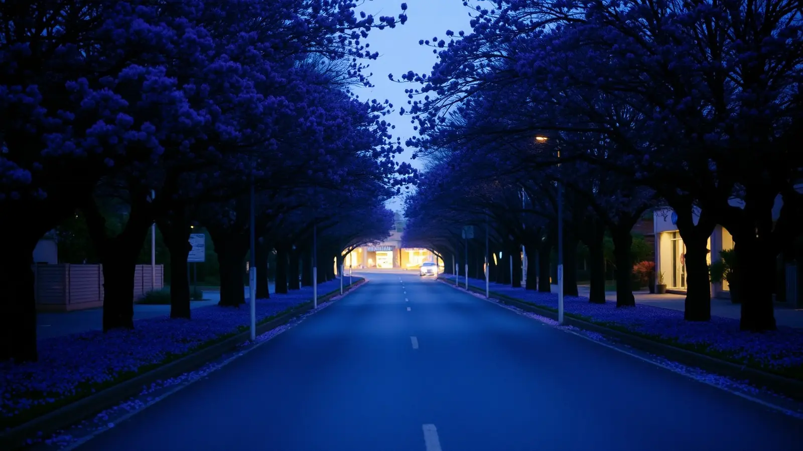 A jacaranda avenue at blue hour, purple petals on the road, shop lights in the distance