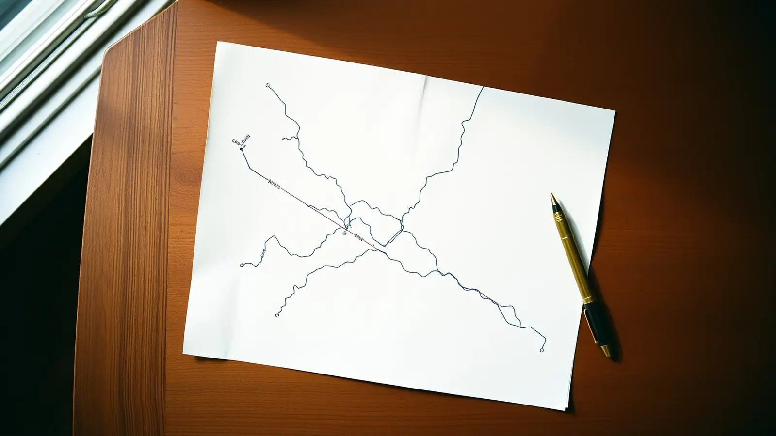 A route map drawn on paper on a wooden table