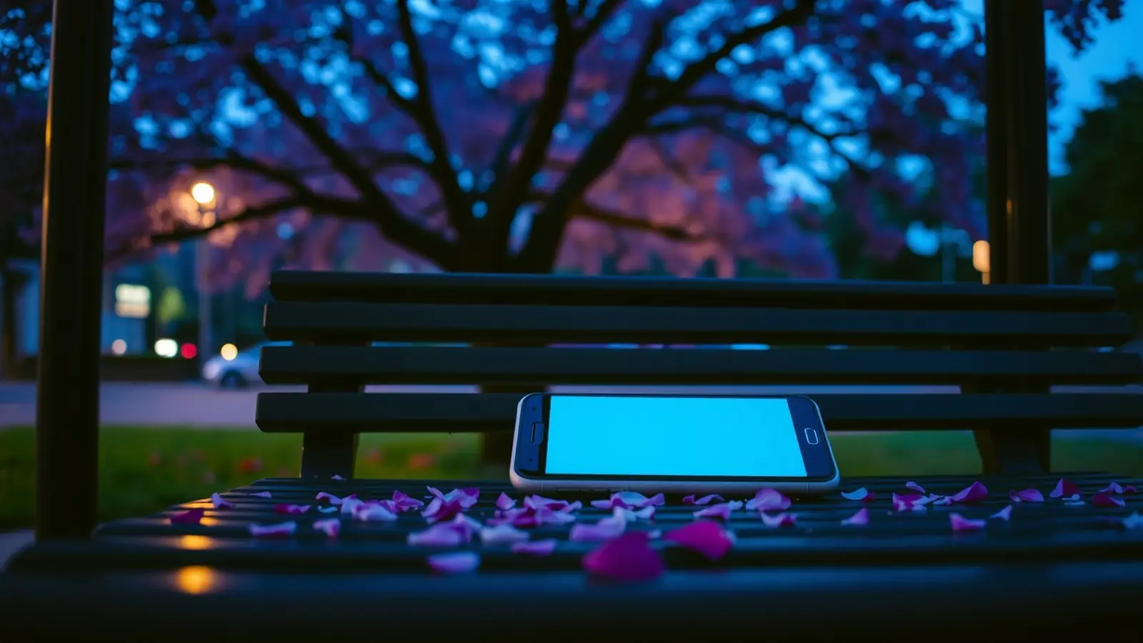 A phone glowing on a bench under a jacaranda