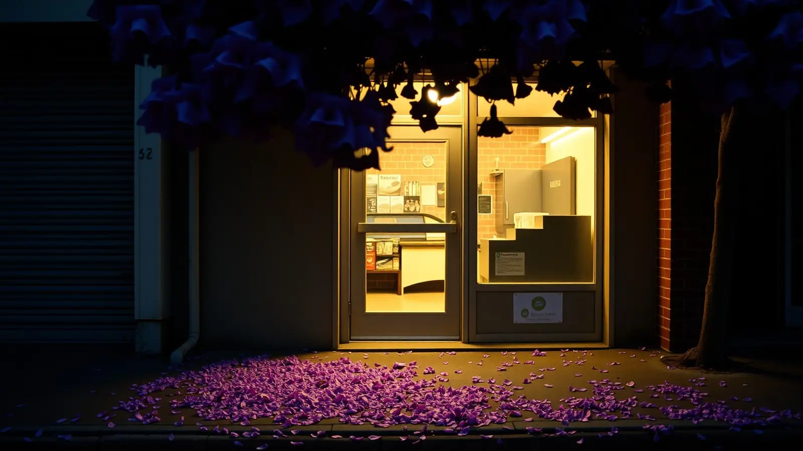 A shop doorway at dusk, warm light on purple petals