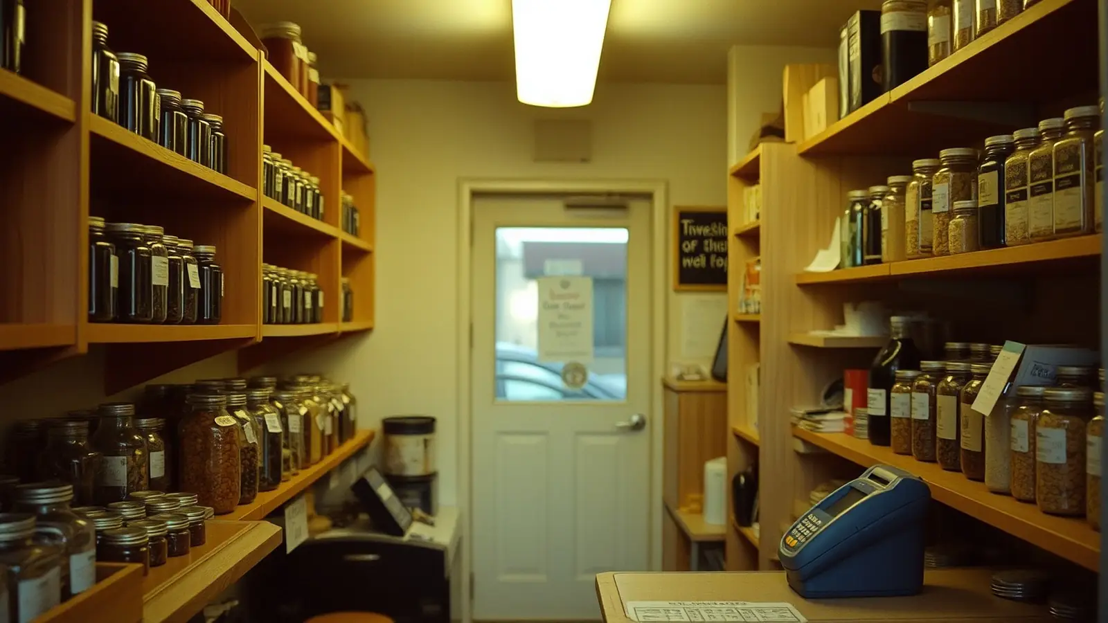 Inside a small shop at closing time, jars on wooden shelves
