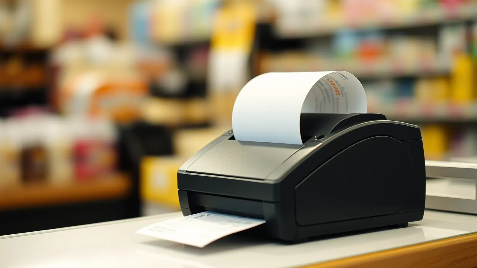 A till slip curling from a receipt printer