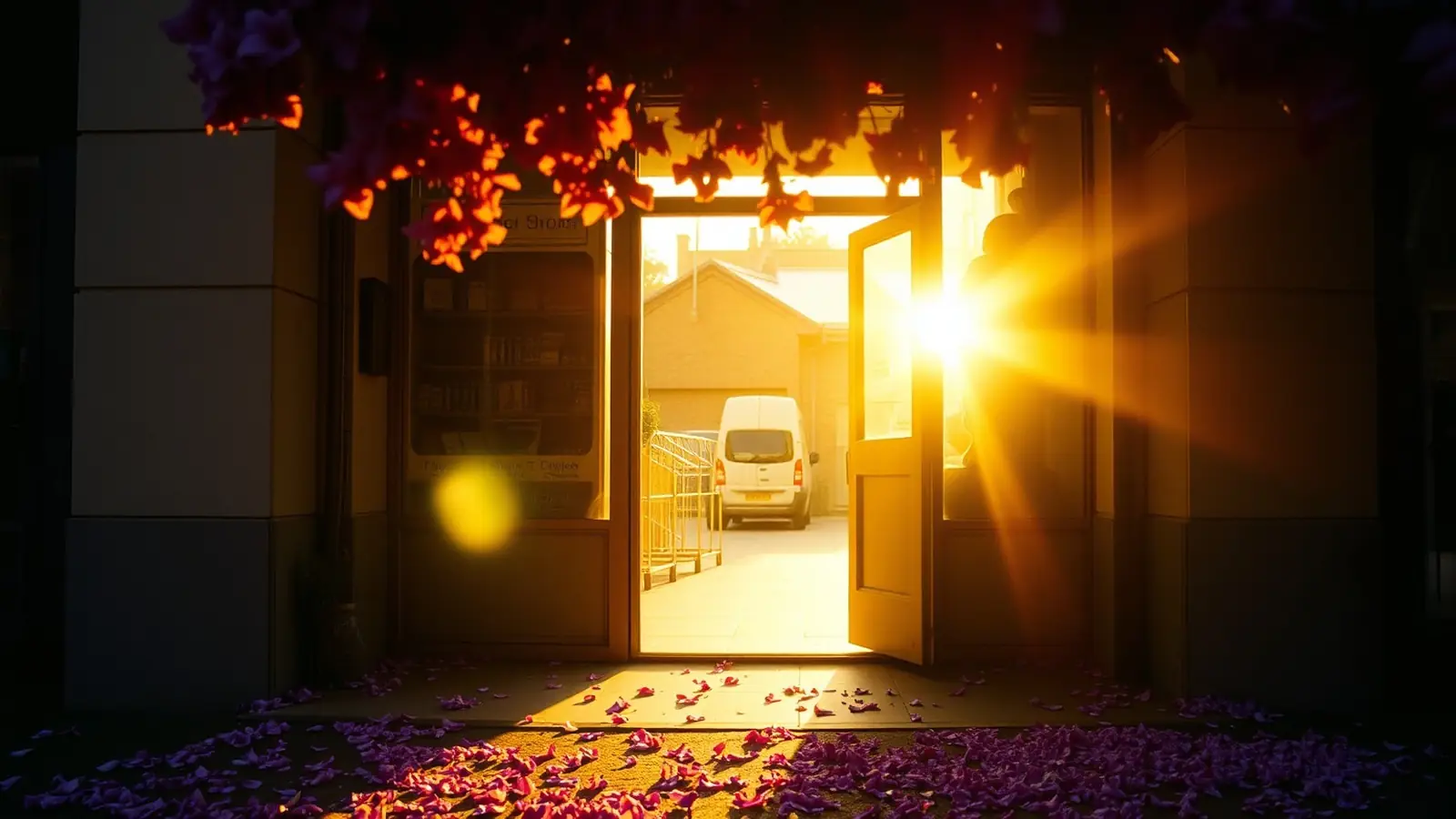 The same doorway the next morning, sun streaming in