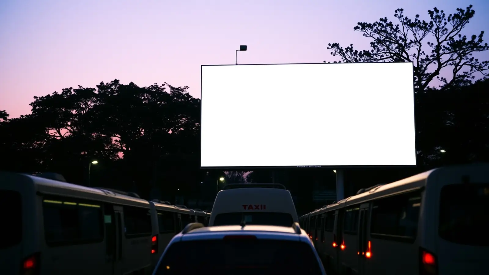 A blank billboard above a taxi rank at dusk
